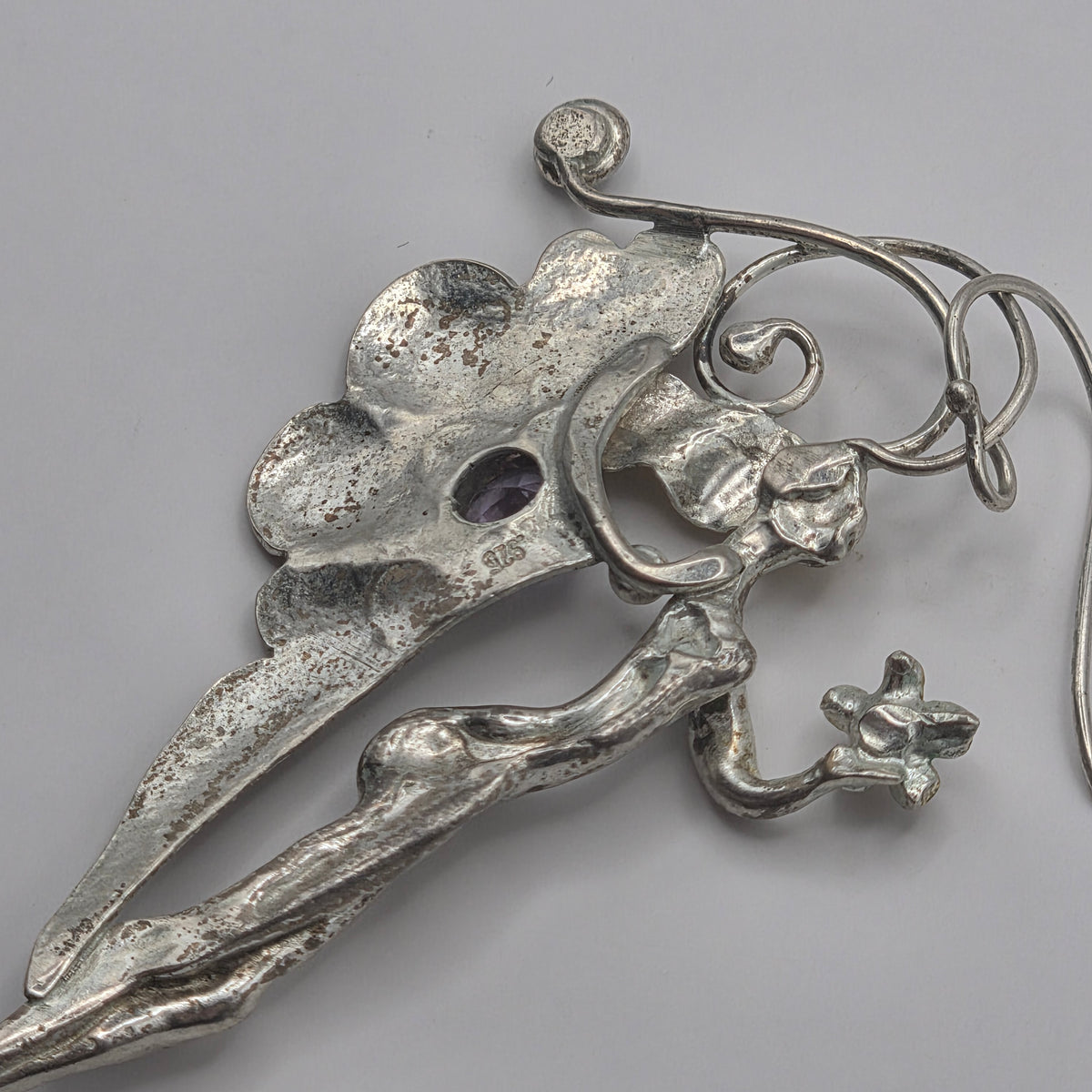 925 Sterling Silver Art Nouveau Nymph Fairy Amethyst Pearl Earrings 3.25" 20.83g