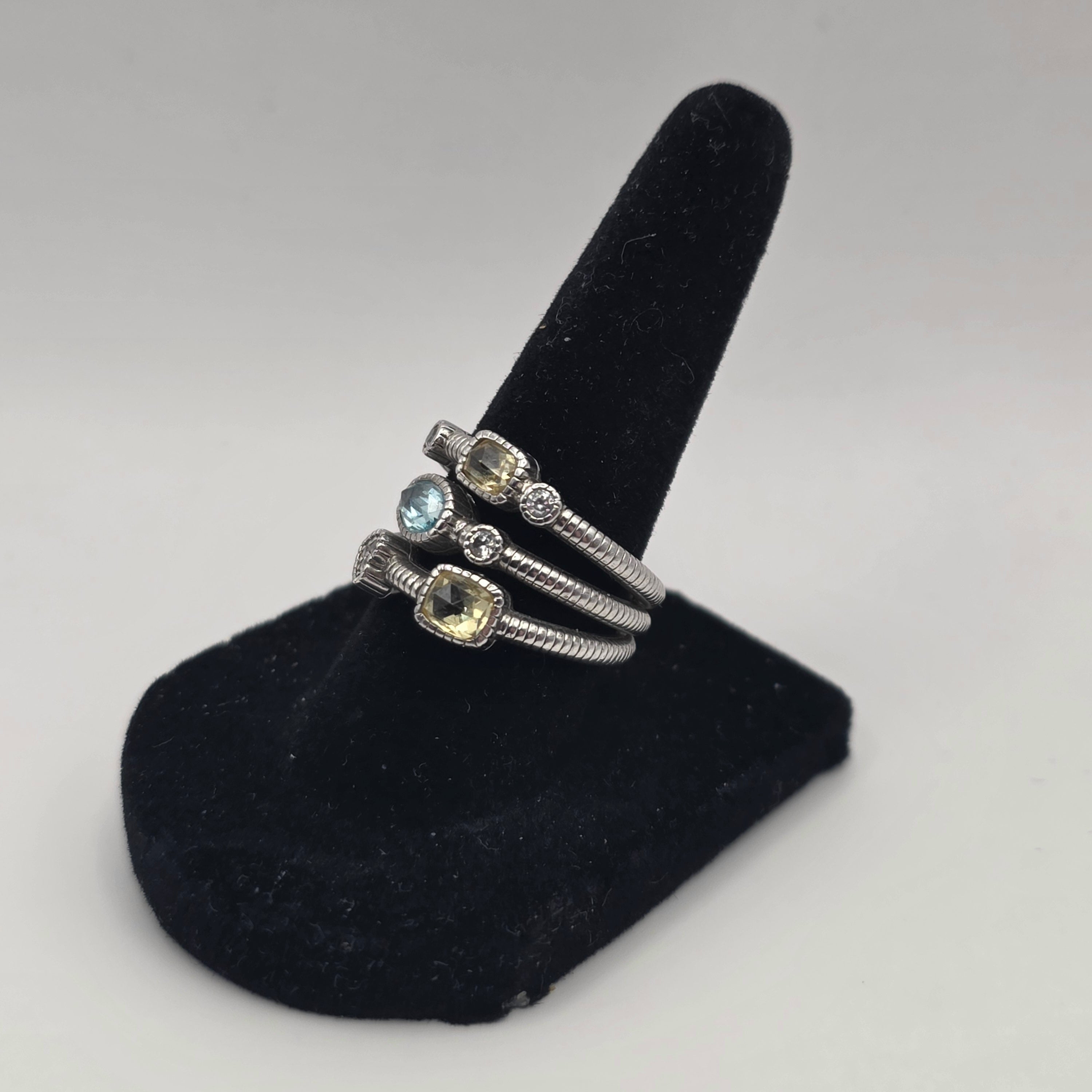 Judith Ripka Sterling Silver Sky Blue & Canary Crystal Multi-Band Ring Size 7