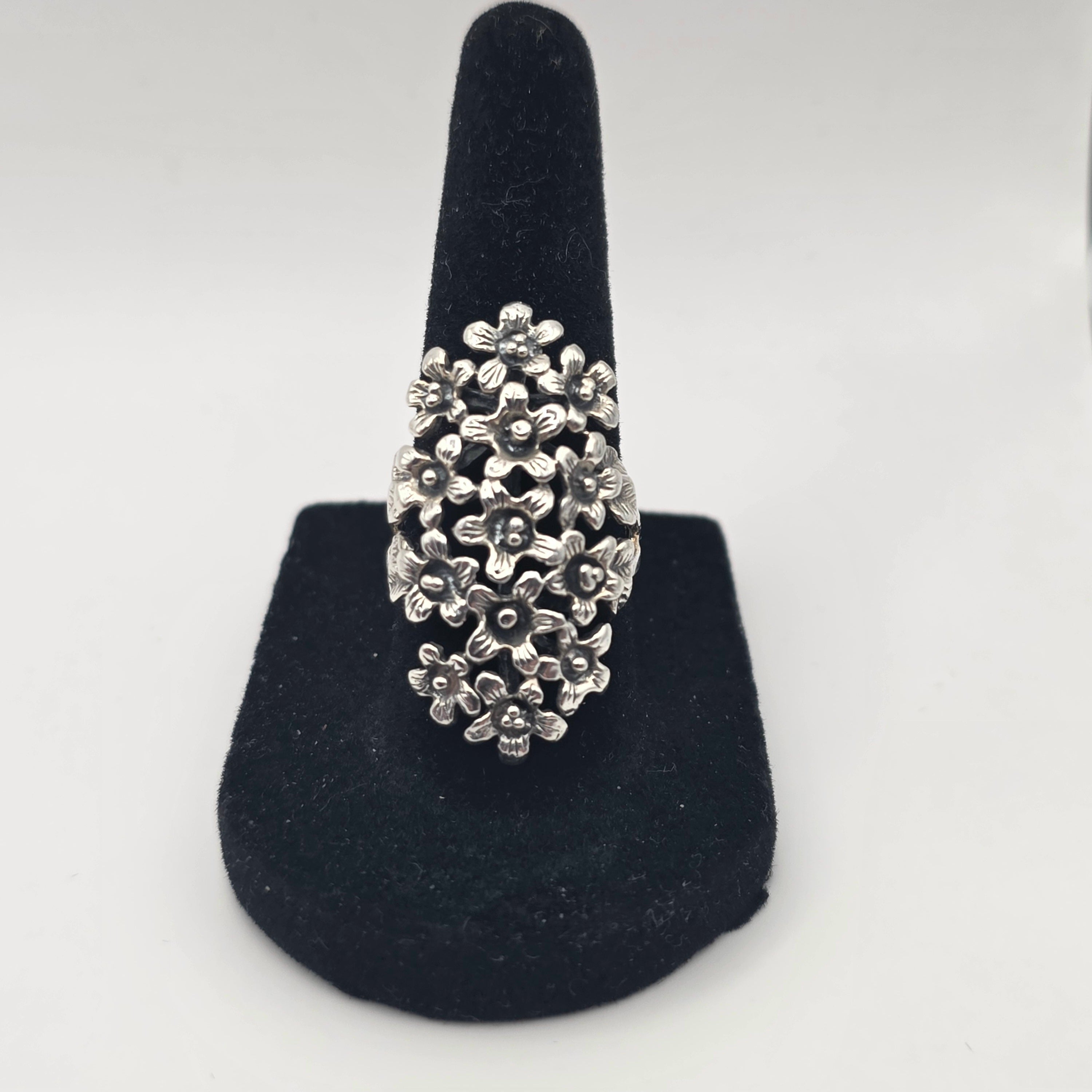 925 Sterling Silver Floral Statement Ring Openwork Flower Garden Size 7