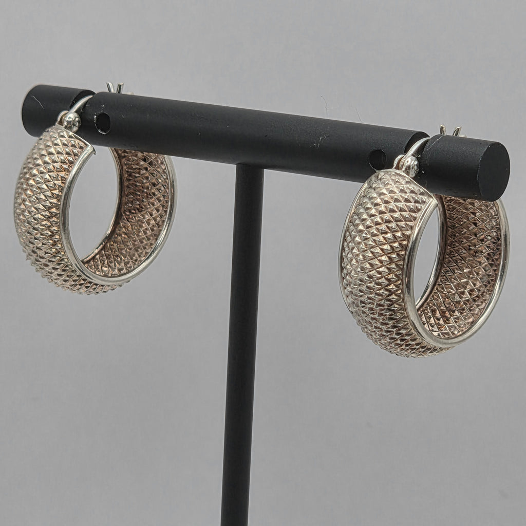 925 Sterling Silver Wide Textured Hoop Earrings Diamond Cut 20mm 3.24g