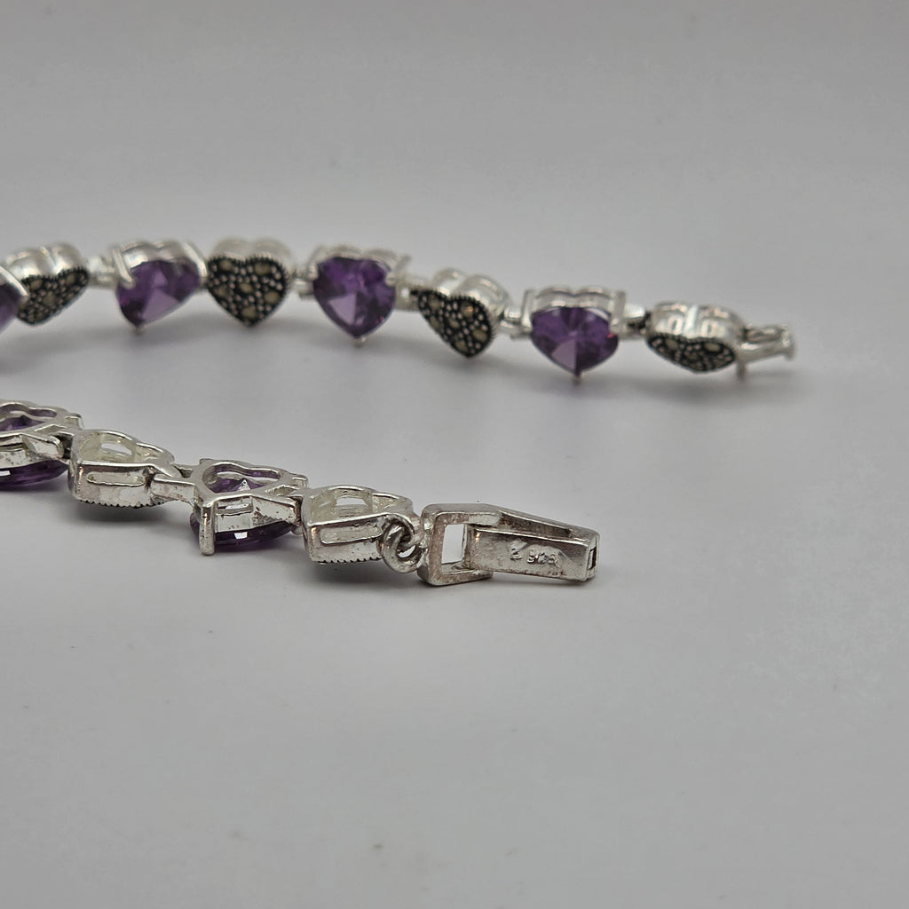 Sterling Silver 925 Purple CZ & Marcasite Heart Tennis Bracelet 7" 18.08g