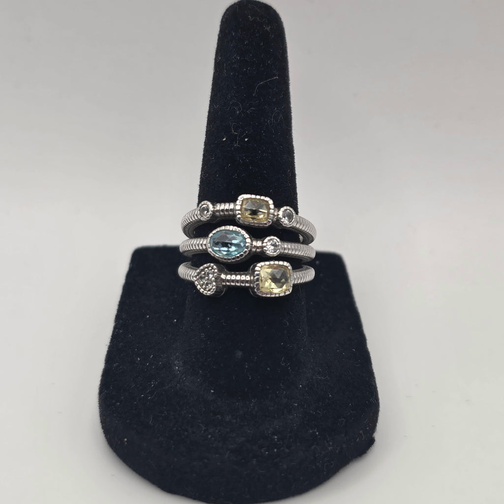 Judith Ripka Sterling Silver Sky Blue & Canary Crystal Multi-Band Ring Size 7