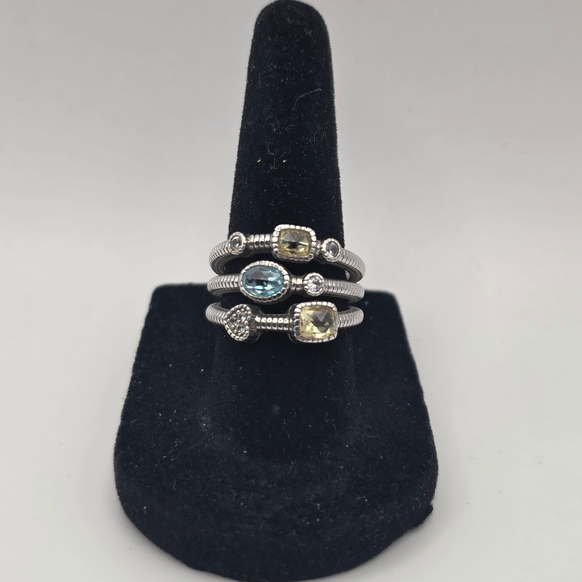 Judith Ripka Sterling Silver Sky Blue & Canary Crystal Multi-Band Ring Size 7