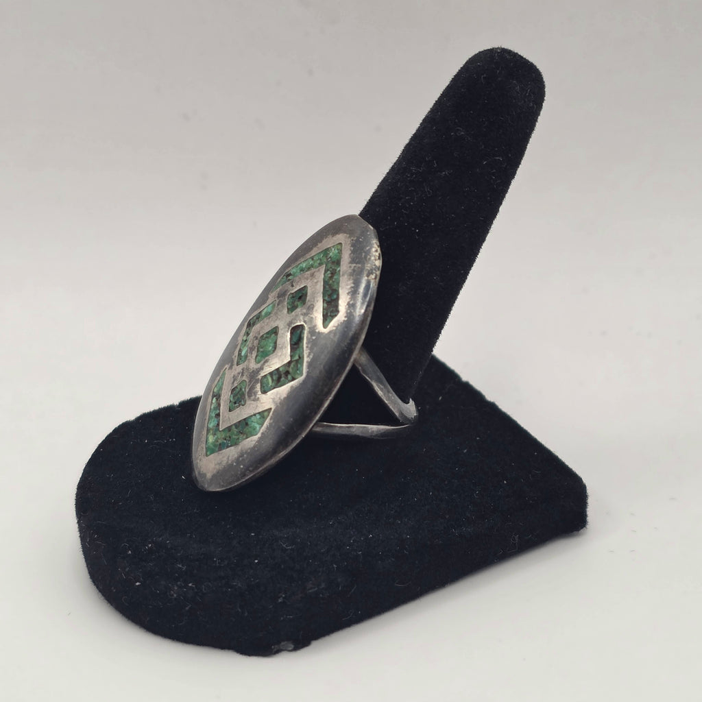 Vintage 925 Sterling Silver Green Turquoise Mosaic Inlay Ring Size 7.5