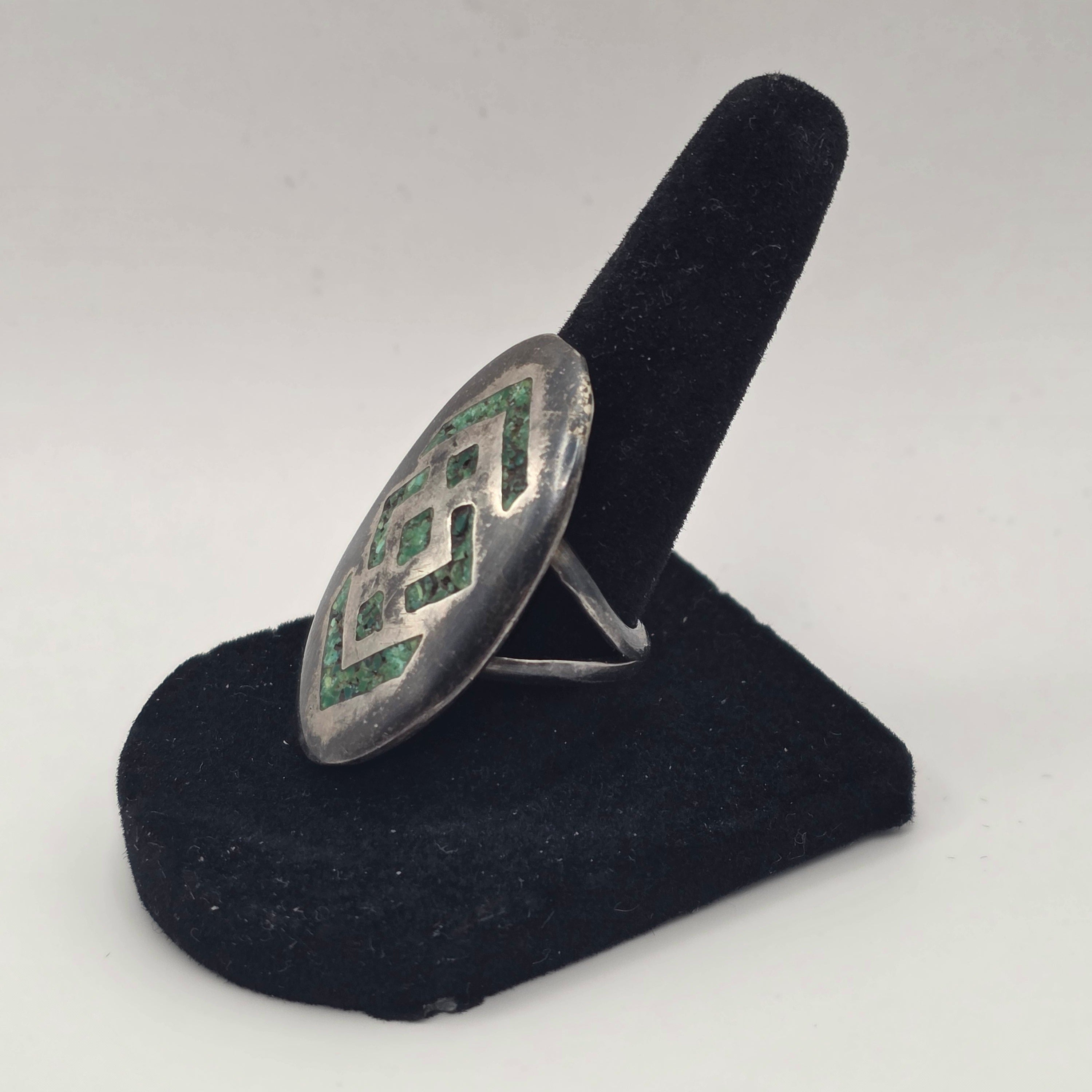 Vintage 925 Sterling Silver Green Turquoise Mosaic Inlay Ring Size 7.5