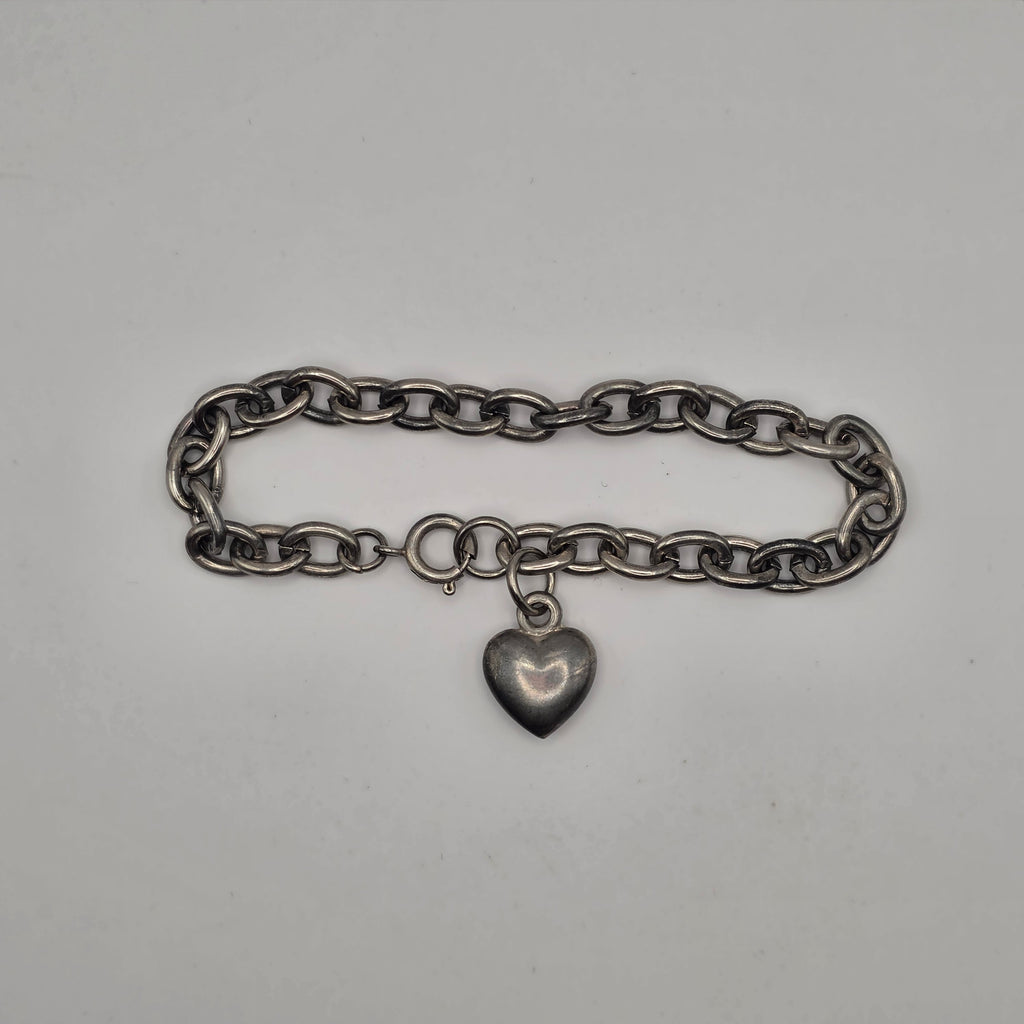 Vintage 925 Sterling Silver Rolo Link Bracelet Puffy Heart Charm 7" 19.32g