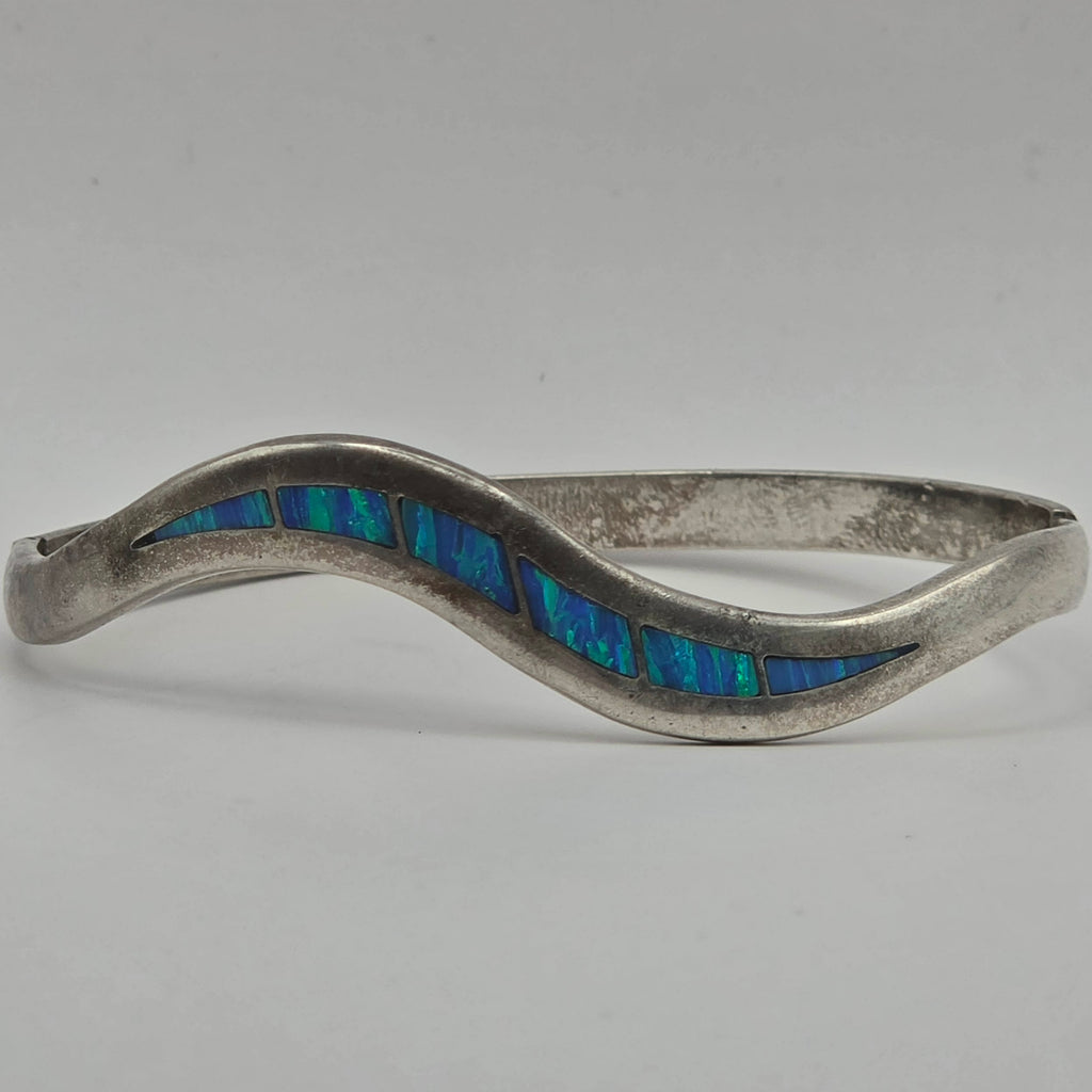 925 Sterling Silver Black Opal Inlay Wave Hinged Bangle Bracelet 7" 16.96g