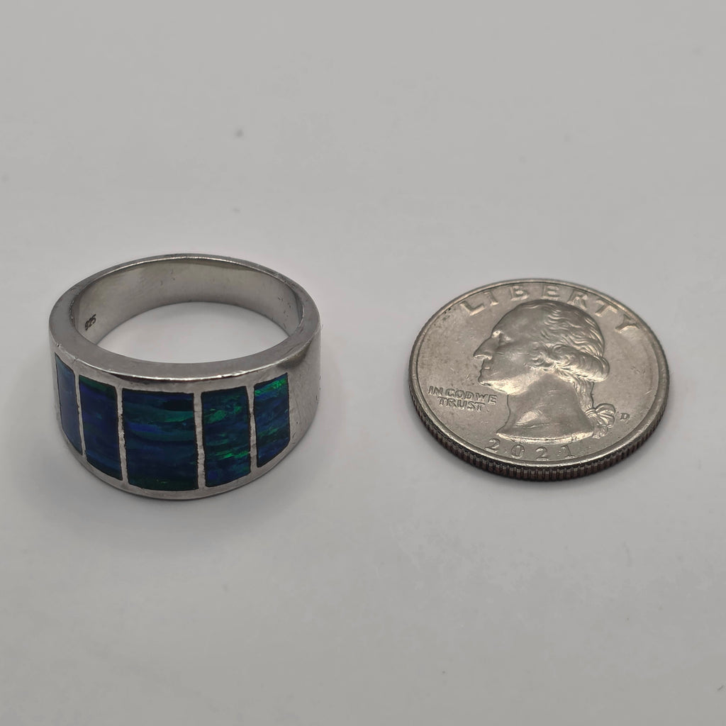 925 Sterling Silver Blue Opal Inlay Band Wide Statement Ring