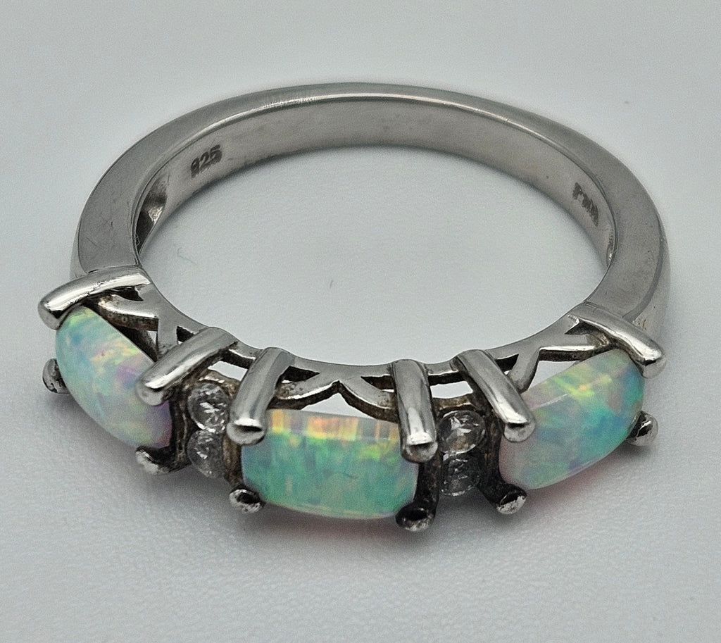 3 Stone Opal Silver Birthstone Ring