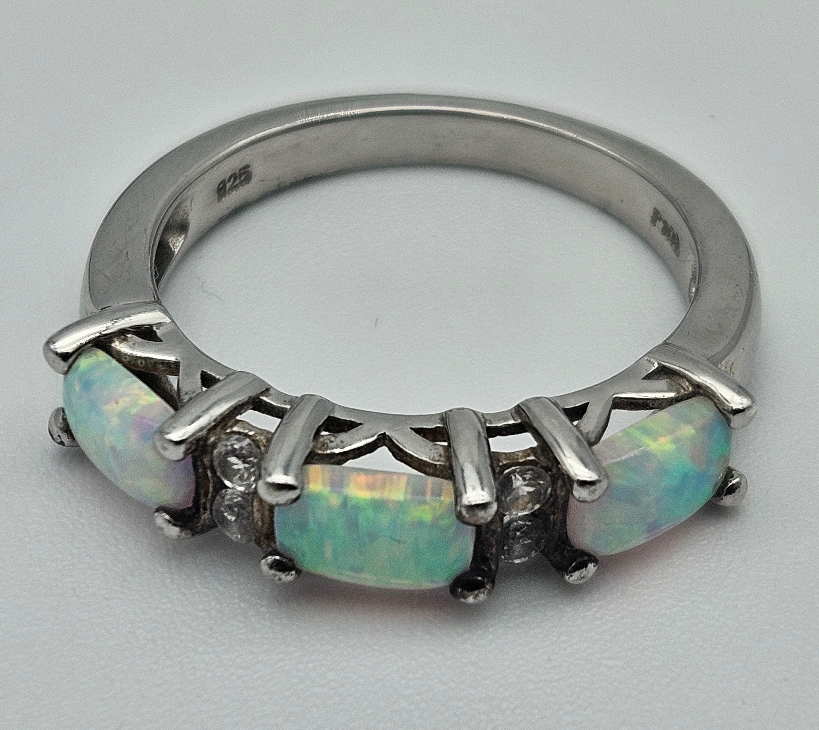 3 Stone Opal Silver Birthstone Ring
