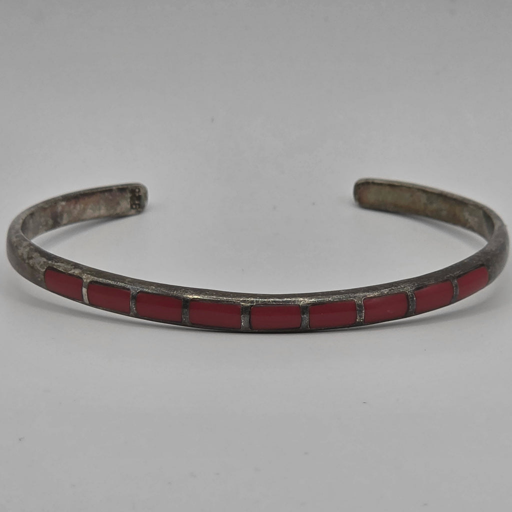925 Sterling Silver Red Coral Inlay Cuff Bracelet 7" 12.23g Southwestern 4.5mm