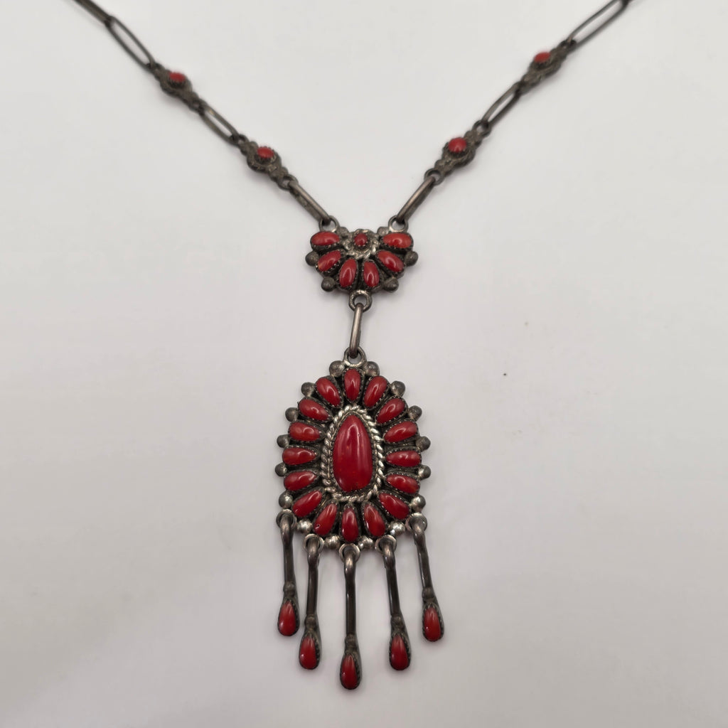 Lorraine Waatsa Zuni 925 Sterling Silver Red Coral Petit Point Necklace 17.70g