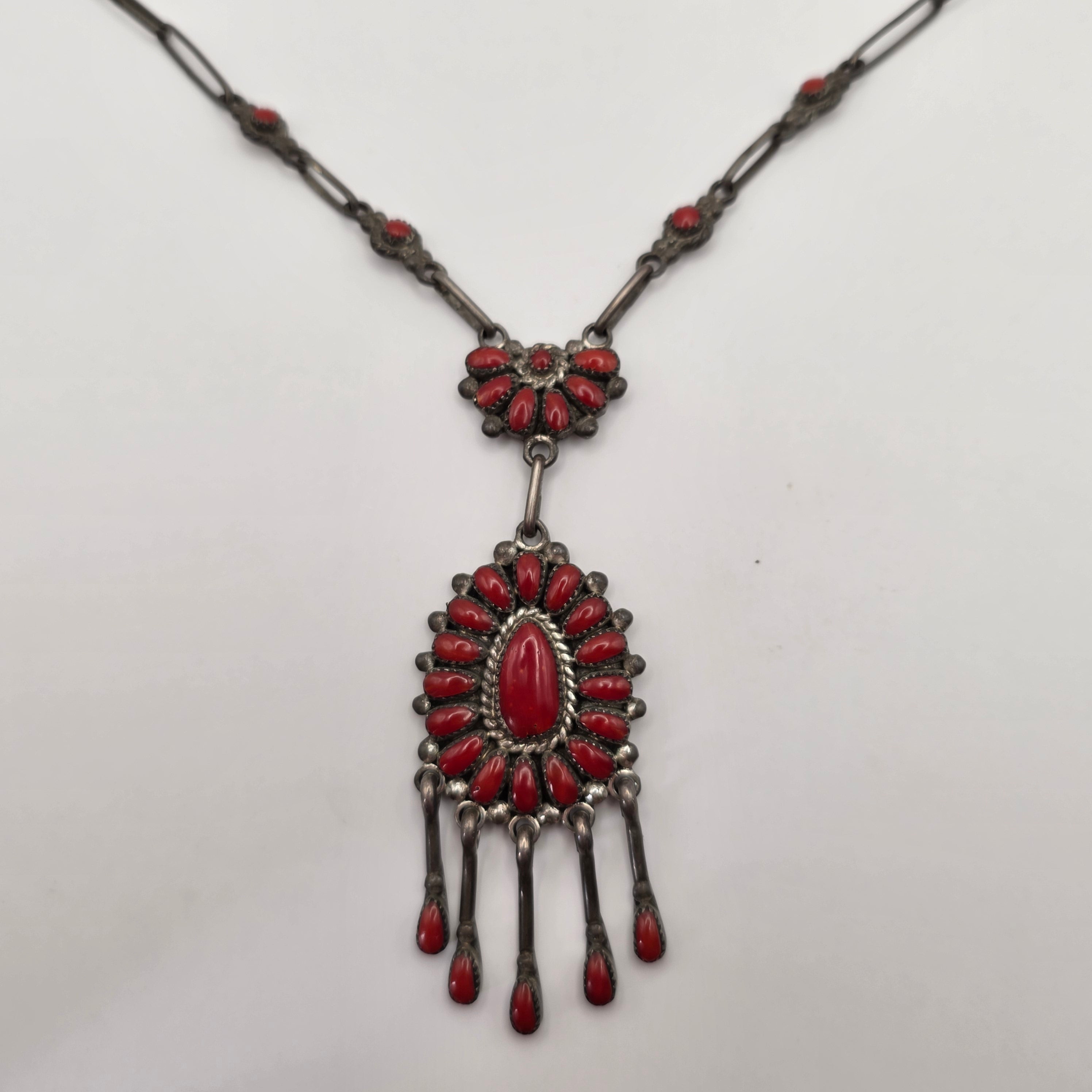 Lorraine Waatsa Zuni 925 Sterling Silver Red Coral Petit Point Necklace 17.70g