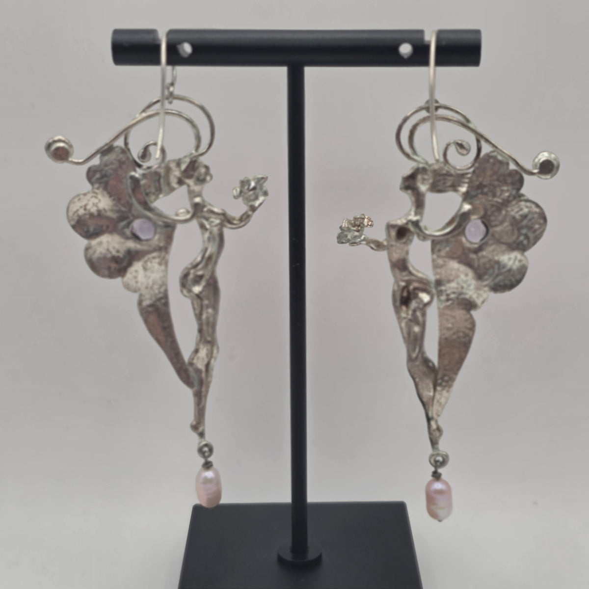 925 Sterling Silver Art Nouveau Nymph Fairy Amethyst Pearl Earrings 3.25" 20.83g