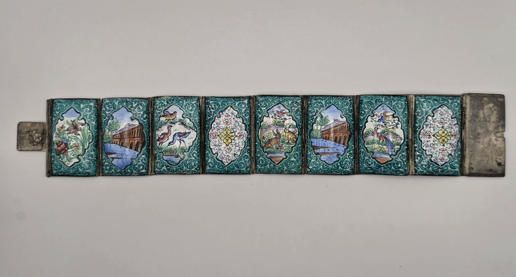 Vintage Persian 925 Sterling Silver Hand Painted Enamel Story Panel Bracelet 7.5"