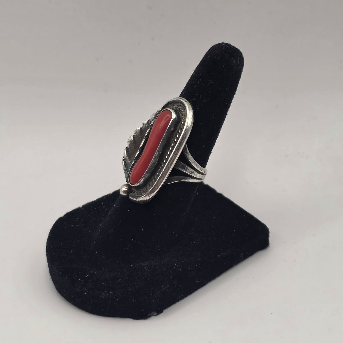 Red Coral Navajo Feather Sterling Silver Ring Size 5