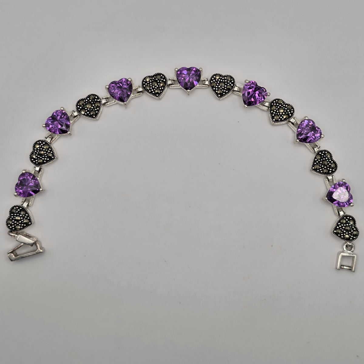 Sterling Silver 925 Purple CZ & Marcasite Heart Tennis Bracelet 7" 18.08g