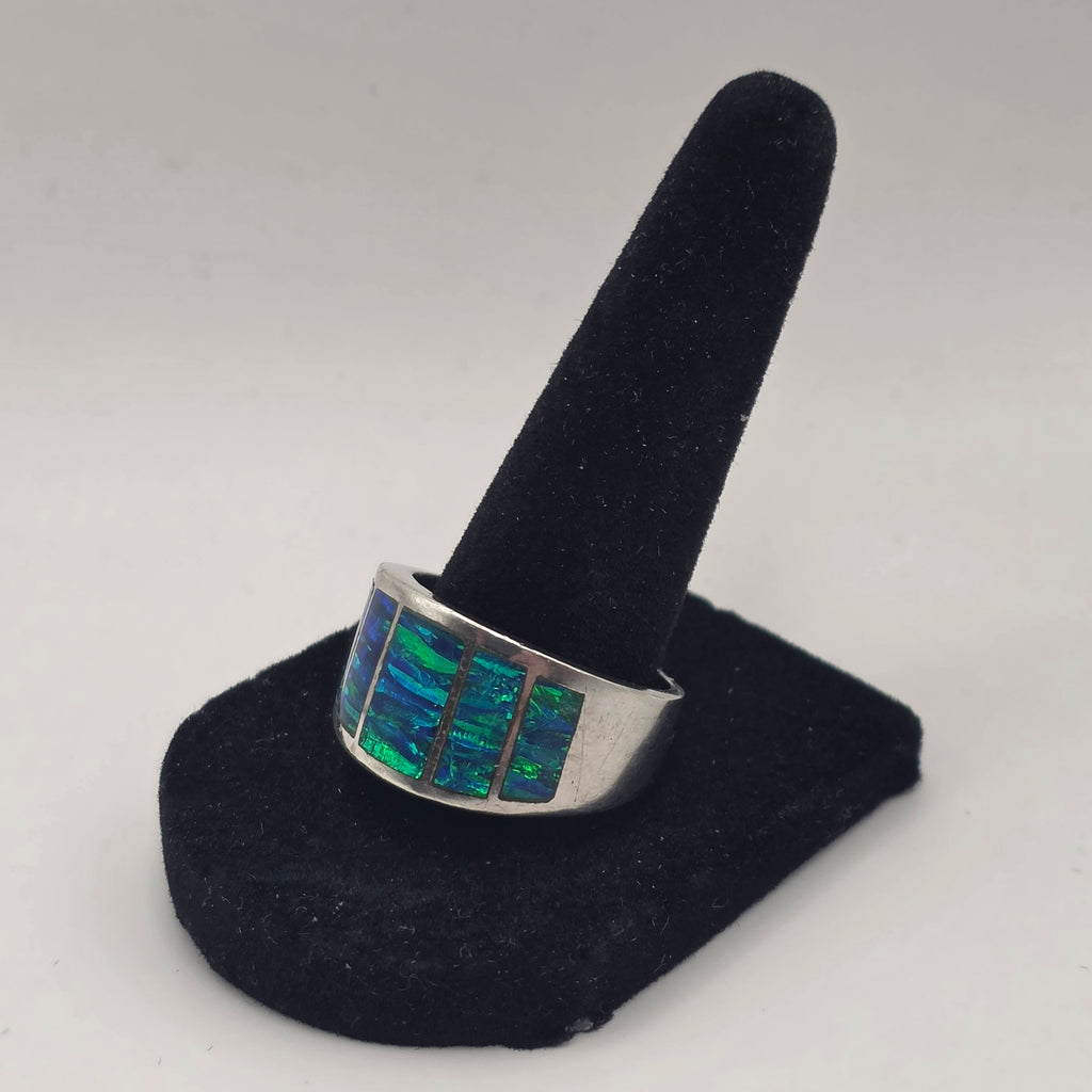 925 Sterling Silver Blue Opal Inlay Band Wide Statement Ring