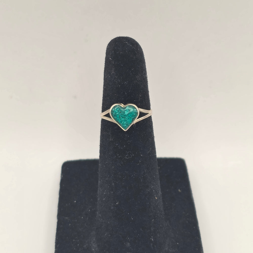 Vintage 1980s Taxco Mexico TC-154 925 Sterling Silver Malachite Heart Ring Sz 2.5