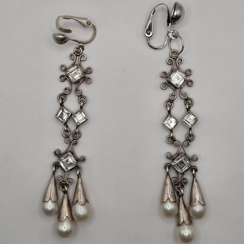 925 Sterling Silver Pearl Rhinestone Chandelier Clip-On Earrings 3" 14.12g
