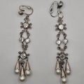 925 Sterling Silver Pearl Rhinestone Chandelier Clip-On Earrings 3" 14.12g