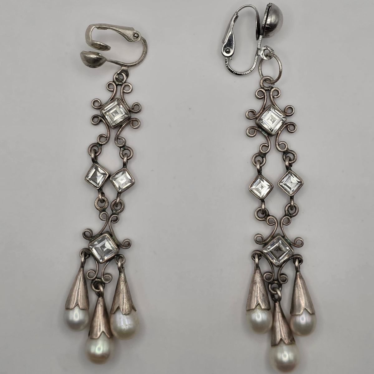 925 Sterling Silver Pearl Rhinestone Chandelier Clip-On Earrings 3" 14.12g