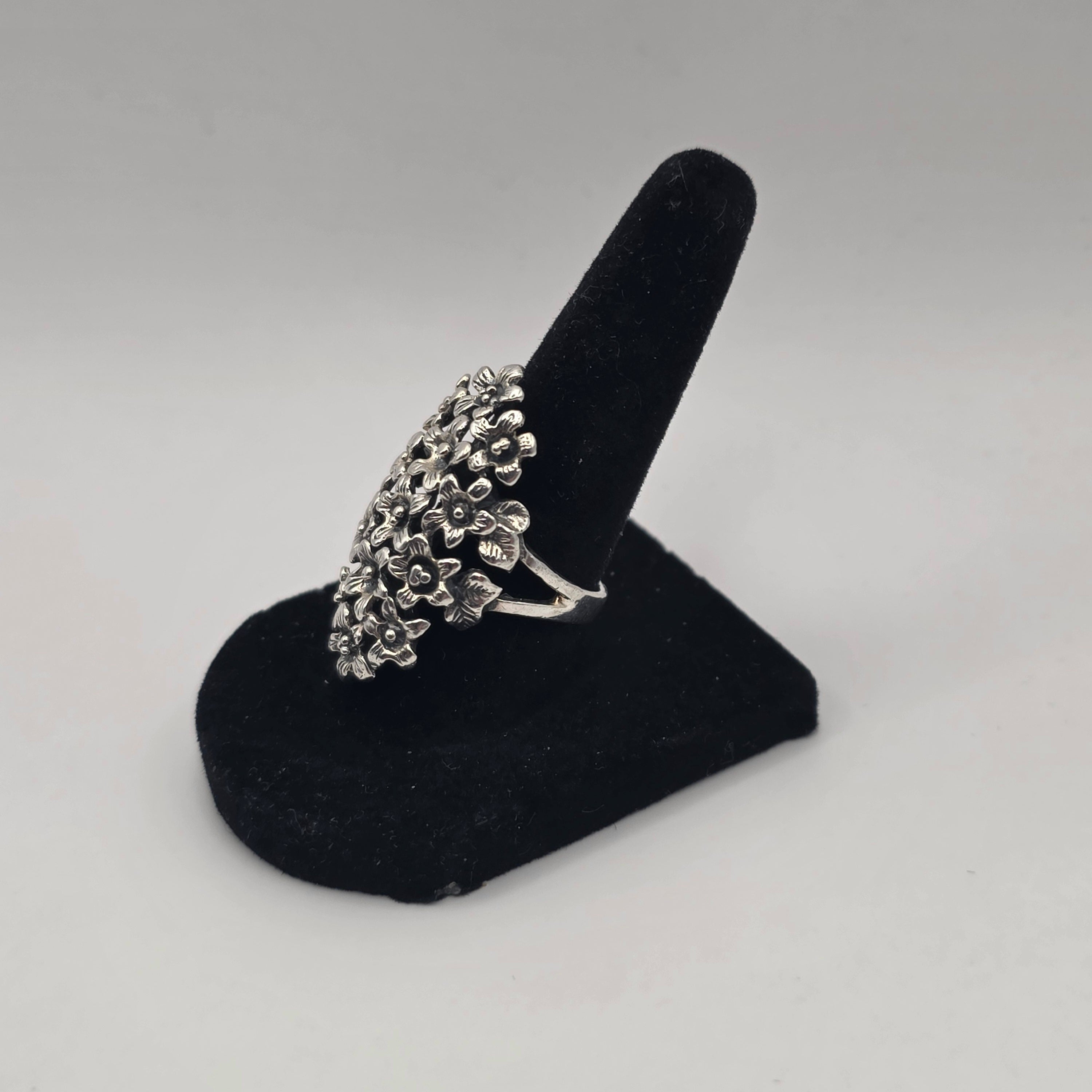 925 Sterling Silver Floral Statement Ring Openwork Flower Garden Size 7