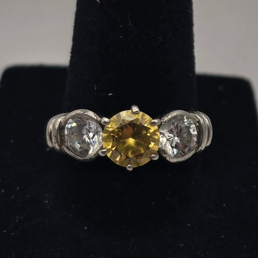 925 Sterling Silver Canary Yellow CZ Three Stone Trilogy Ring Size 9 4.62g