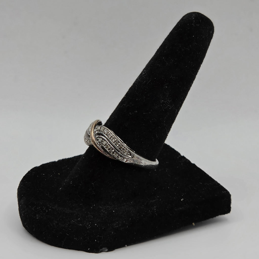 925 Sterling Silver 10K Yellow Gold Crossover Natural Diamond Ring Size 7 3.05g