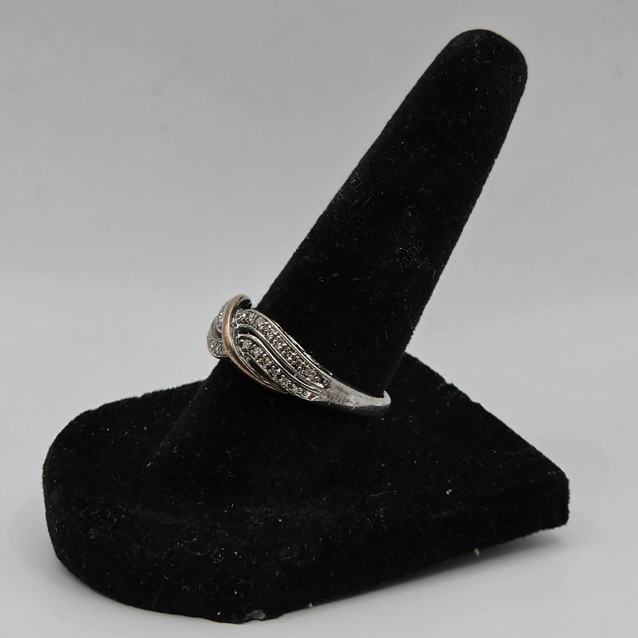 925 Sterling Silver 10K Yellow Gold Crossover Natural Diamond Ring Size 7 3.05g