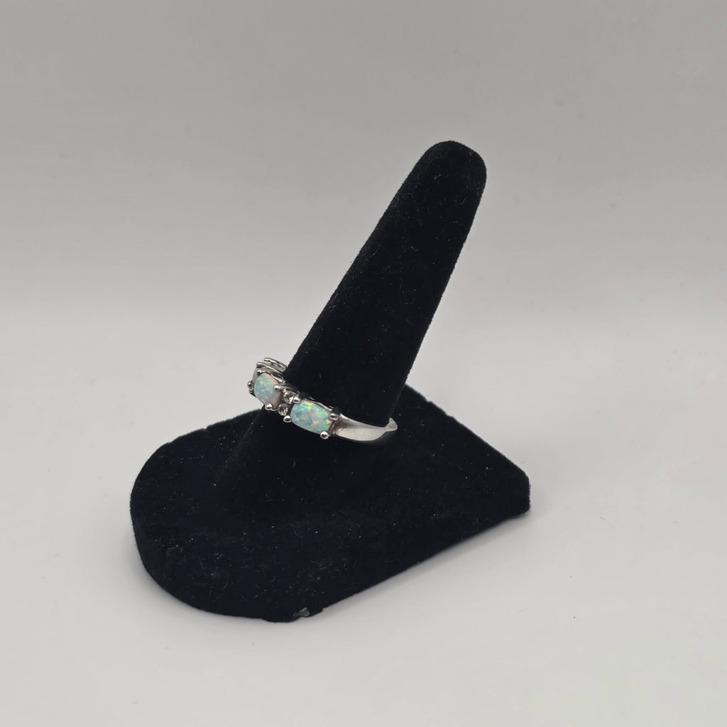 3 Stone Opal Silver Birthstone Ring