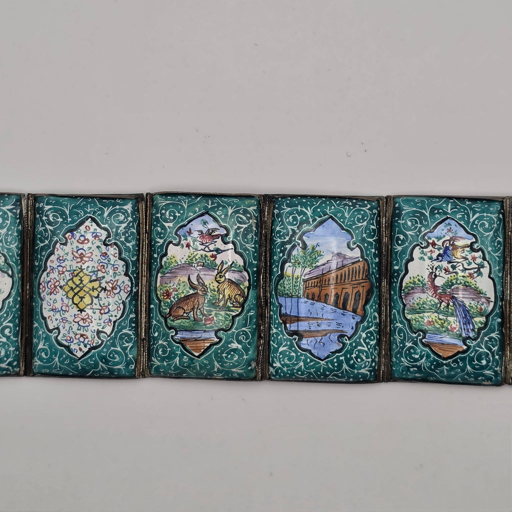 Vintage Persian 925 Sterling Silver Hand Painted Enamel Story Panel Bracelet 7.5"