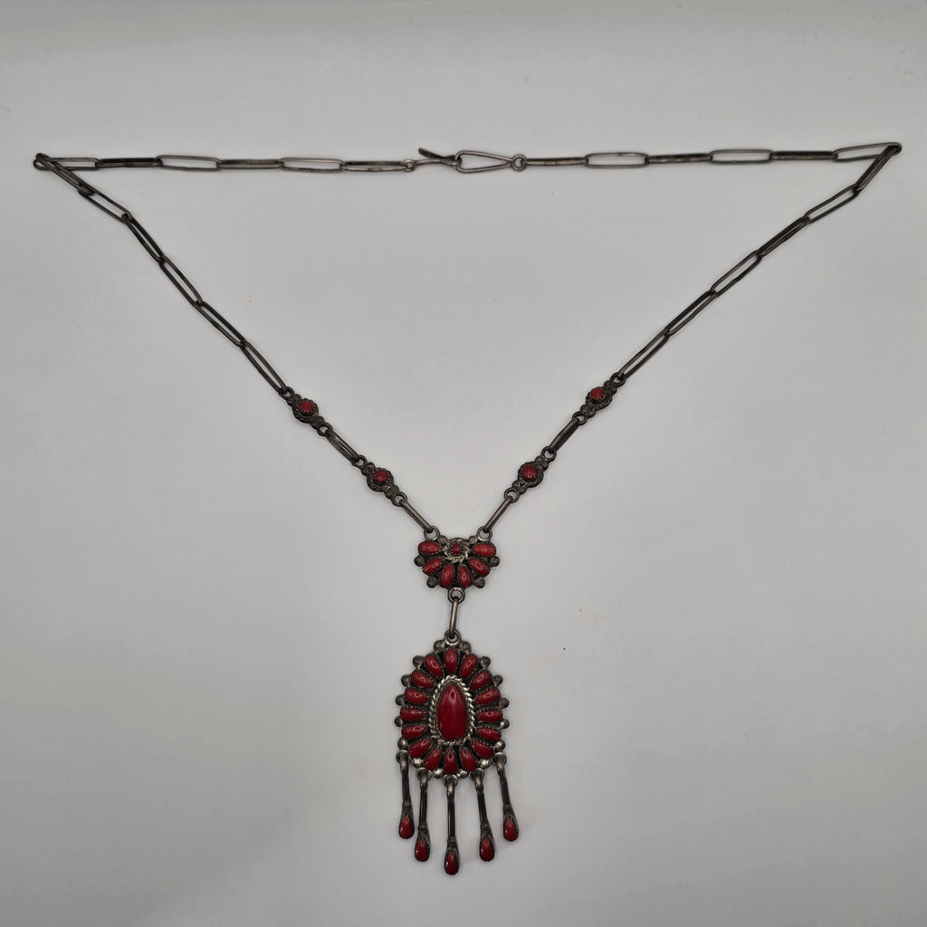 Lorraine Waatsa Zuni 925 Sterling Silver Red Coral Petit Point Necklace 17.70g