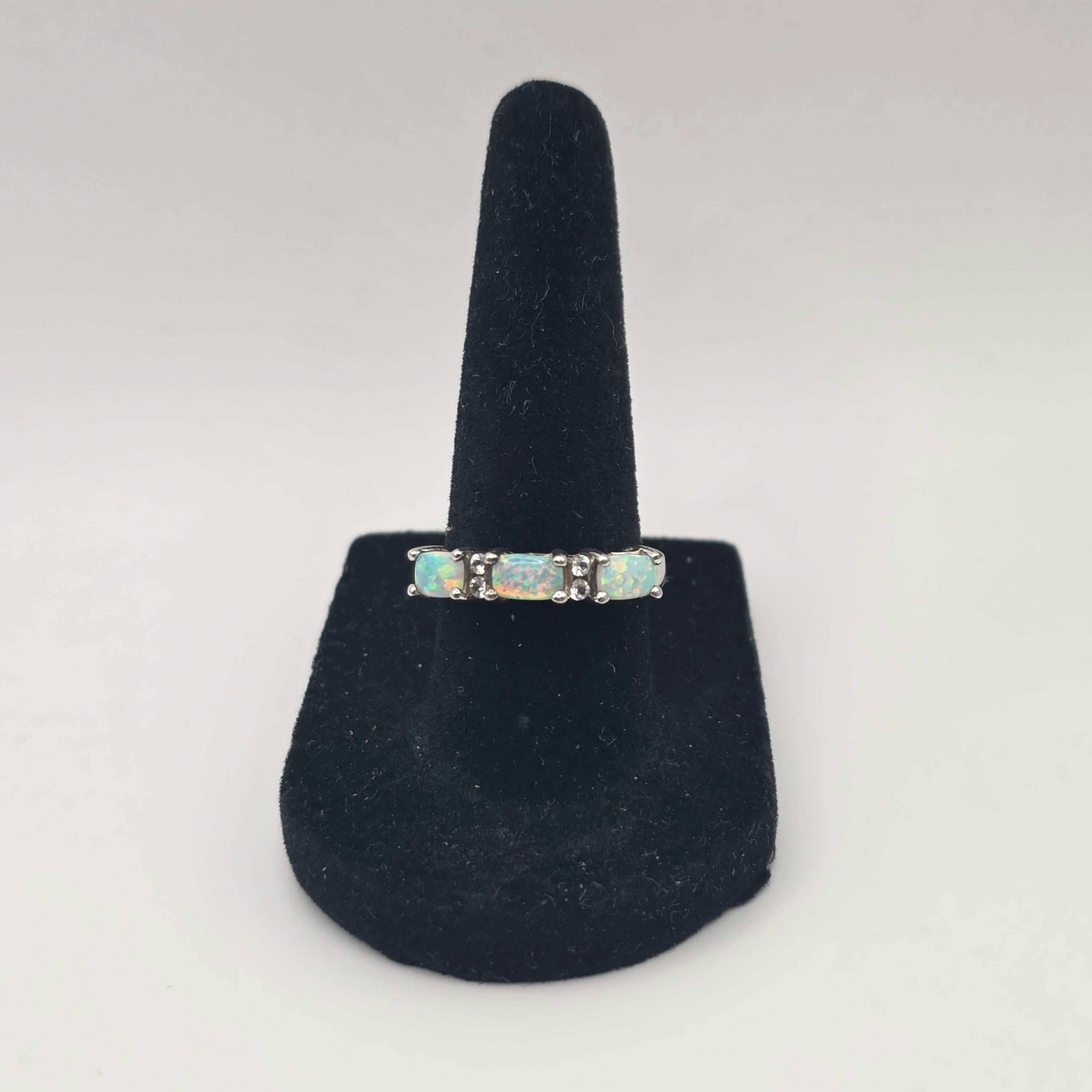 3 Stone Opal Silver Birthstone Ring