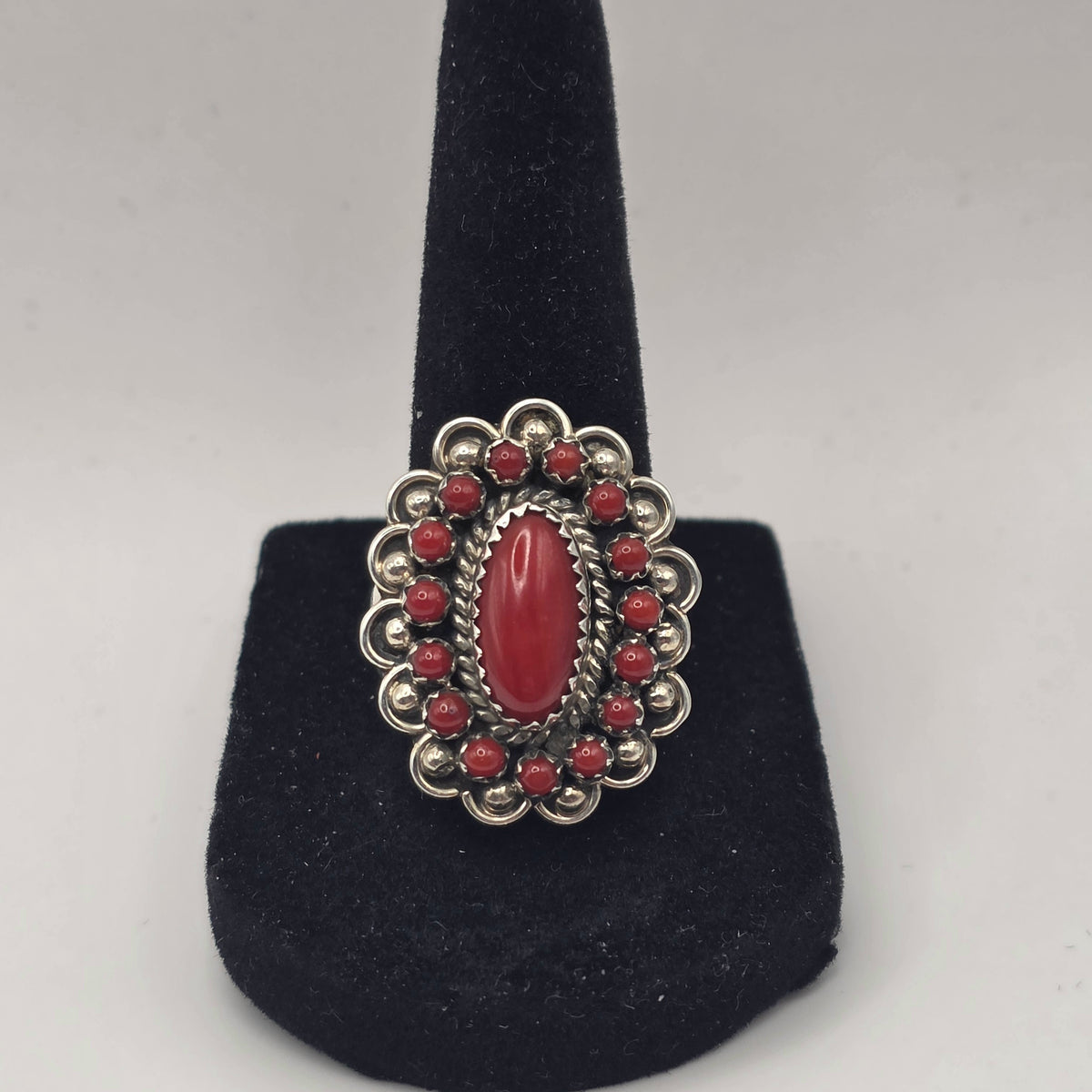 L Begay Red Coral Cluster Native 925 Sterling Silver Navajo Ring