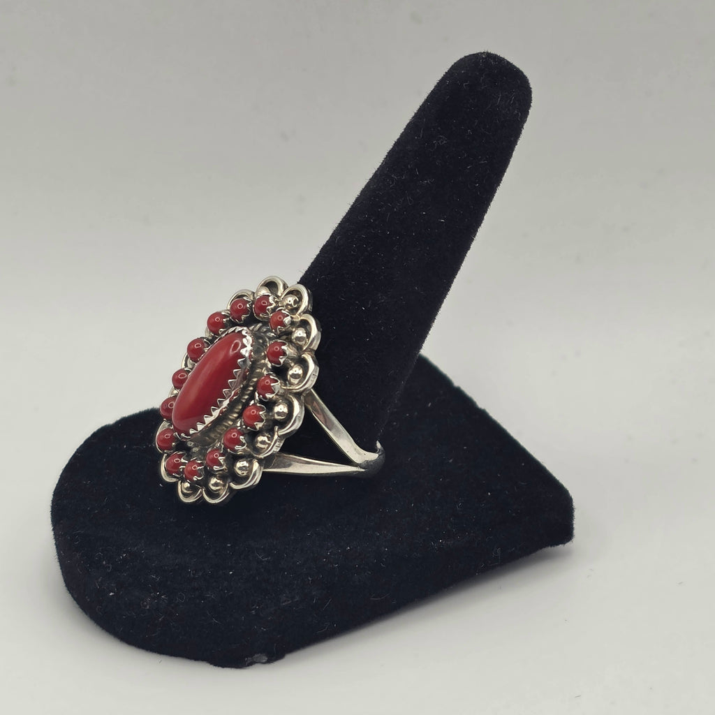 L Begay Red Coral Cluster Native 925 Sterling Silver Navajo Ring