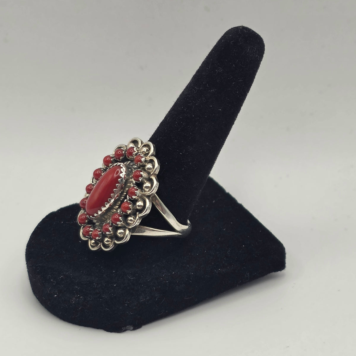 L Begay Red Coral Cluster Native 925 Sterling Silver Navajo Ring