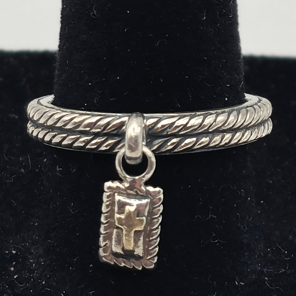 925 Sterling Silver Cross Dangle Charm Ring Size 8 Rope Band 3.5mm 5.39g
