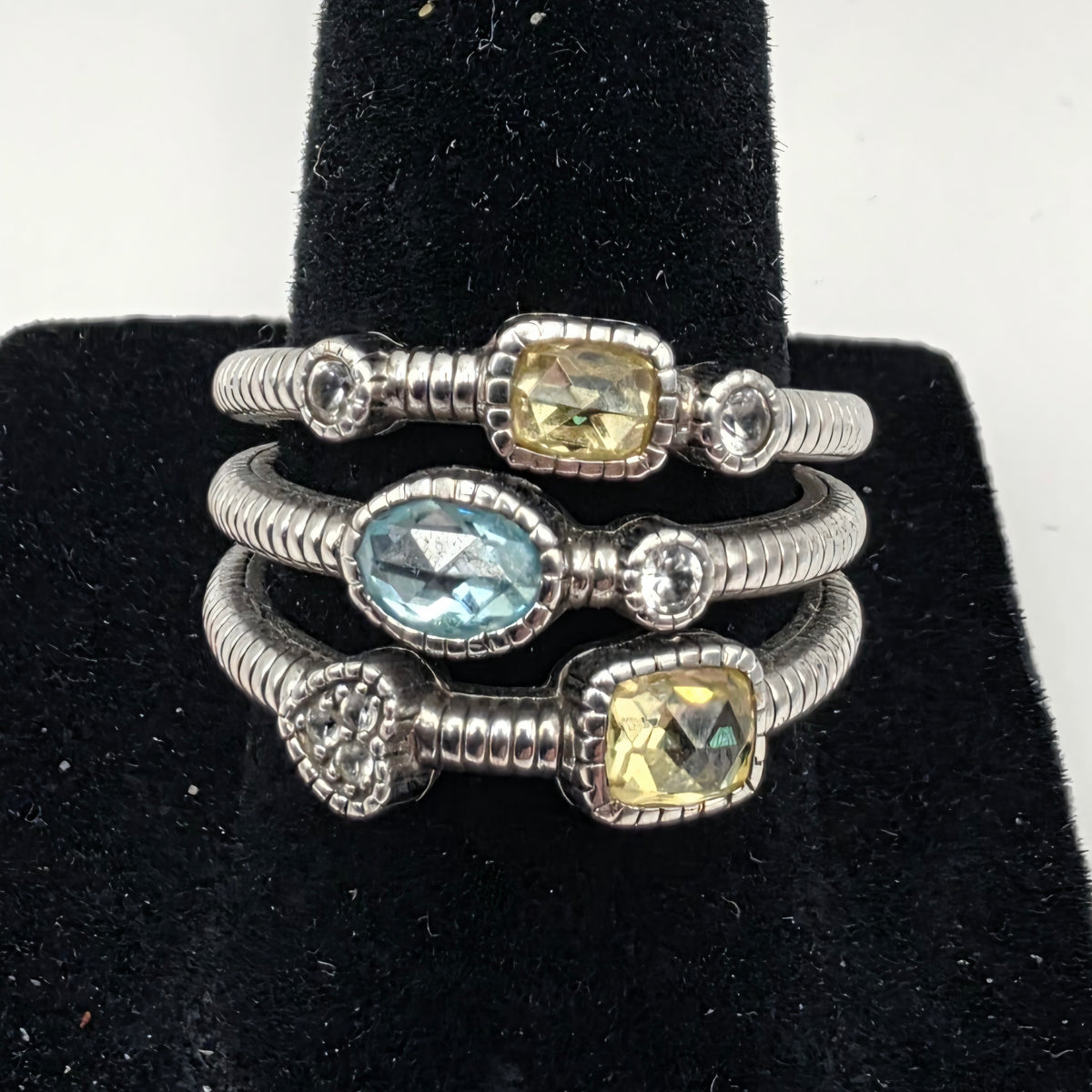 Judith Ripka Sterling Silver Sky Blue & Canary Crystal Multi-Band Ring Size 7