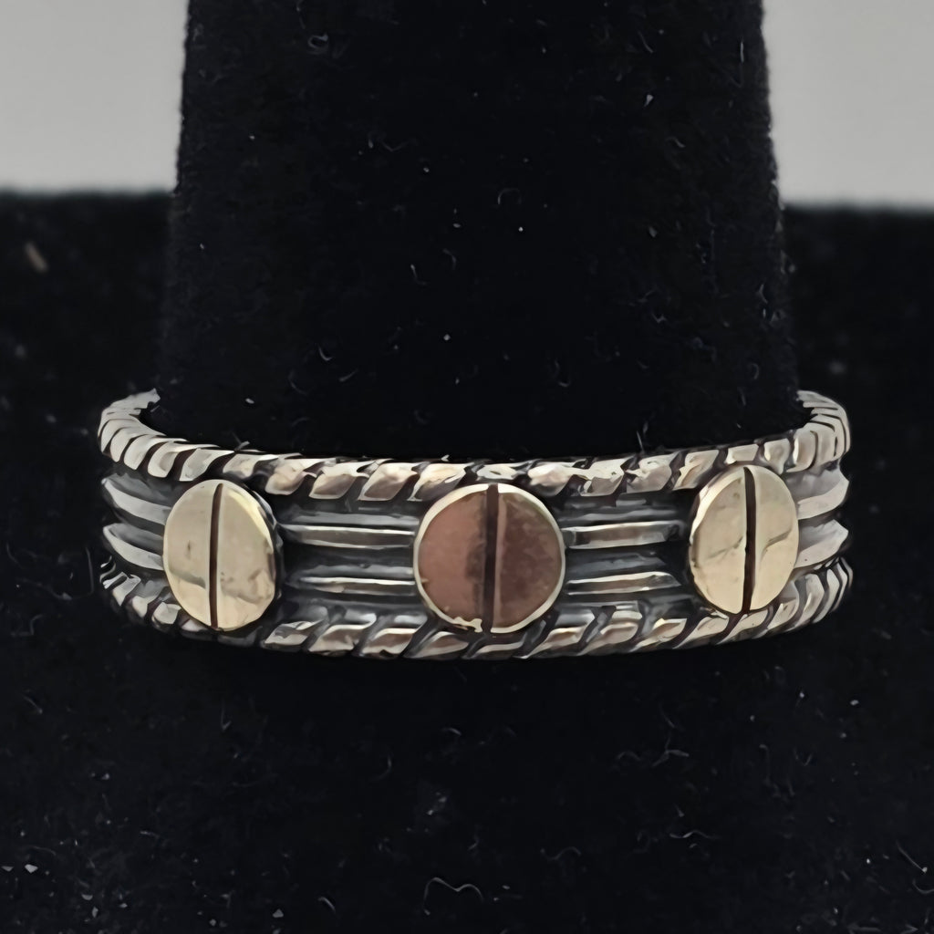 925 Sterling Silver Mixed Metal Wide Band Ring 8.5mm Oxidized 3.48g Size 8.5