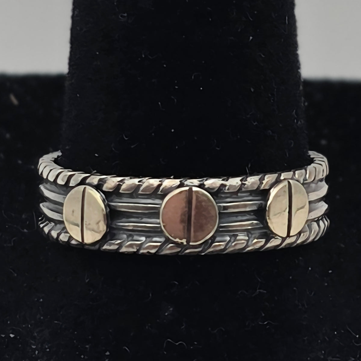 925 Sterling Silver Mixed Metal Wide Band Ring 8.5mm Oxidized 3.48g Size 8.5