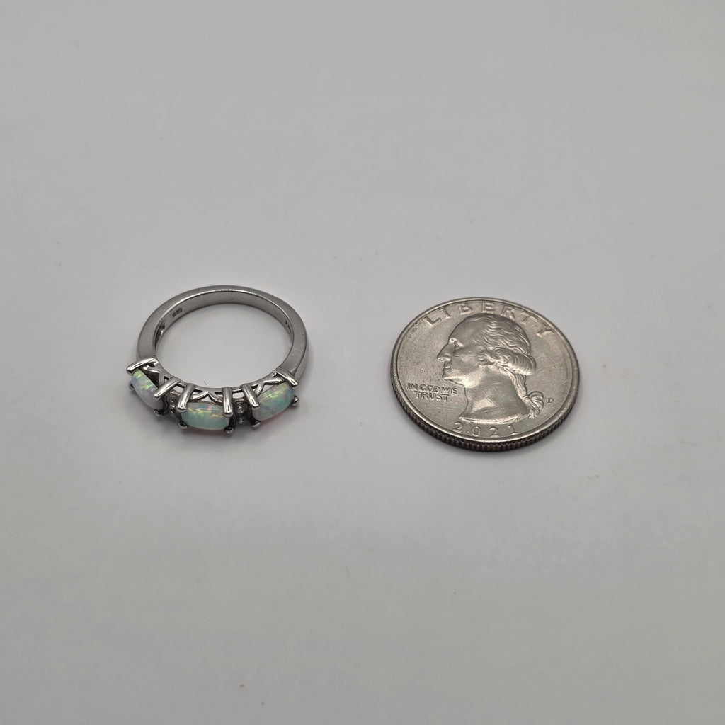 3 Stone Opal Silver Birthstone Ring