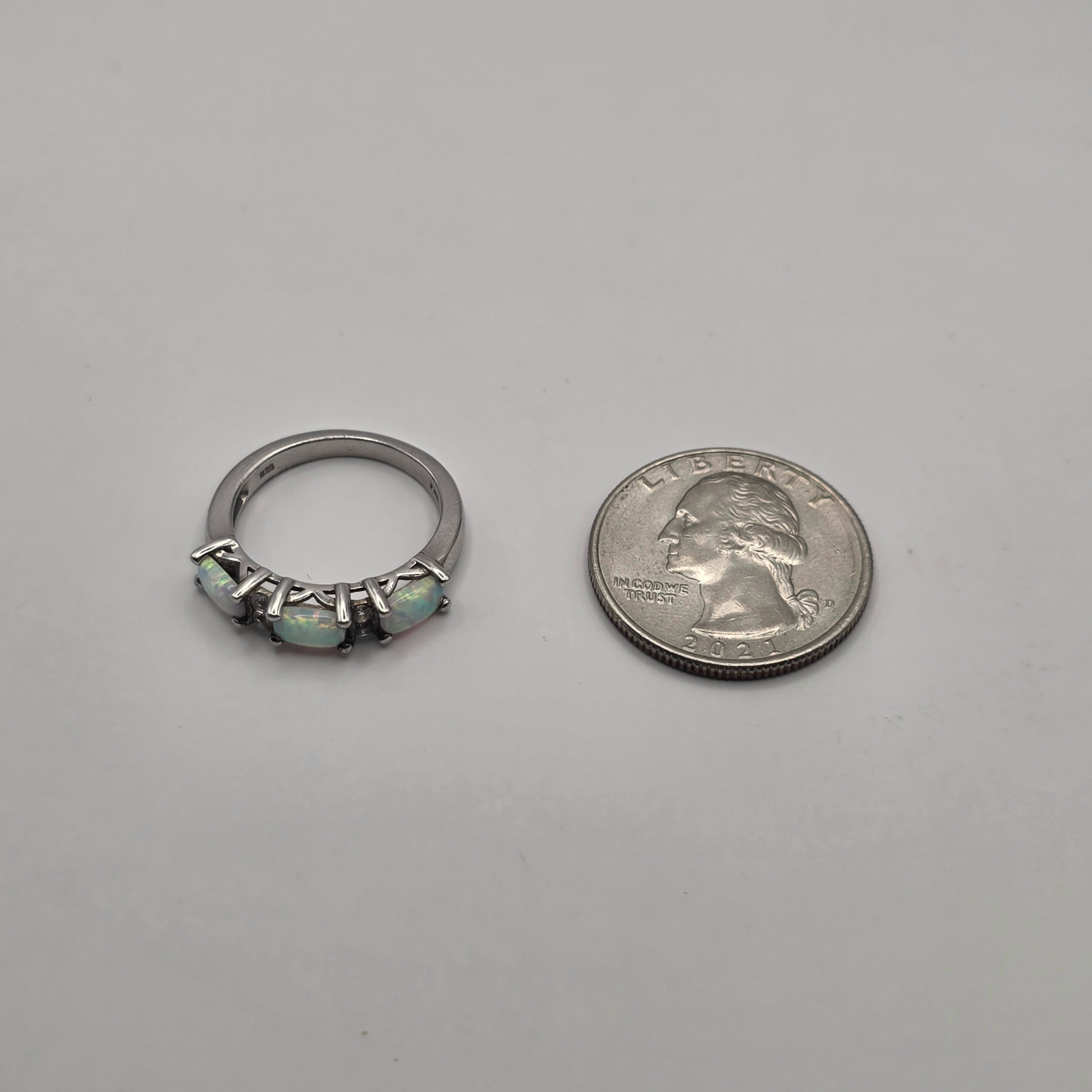 3 Stone Opal Silver Birthstone Ring