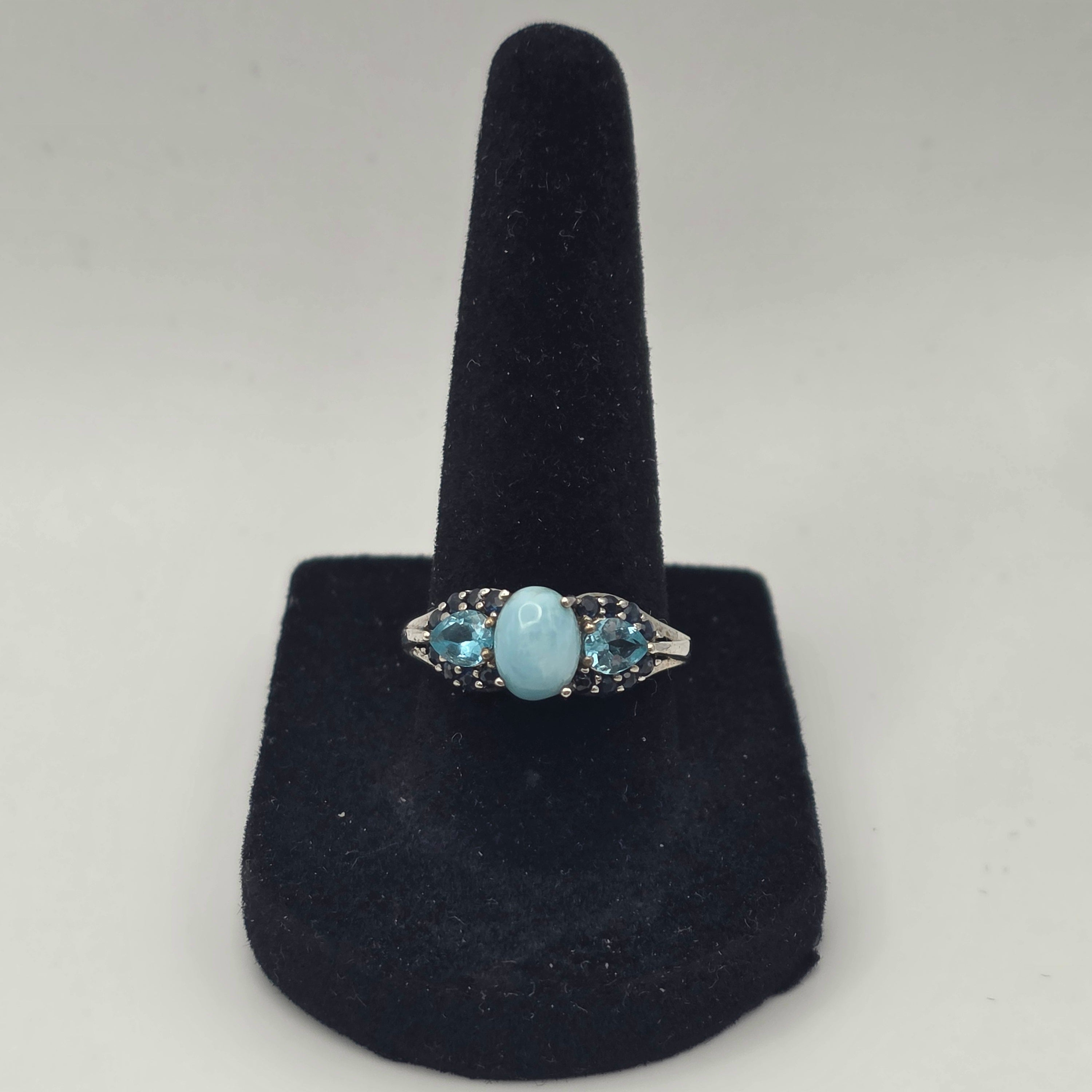 925 Sterling Silver Larimar Blue Topaz Onyx Ring Size 8