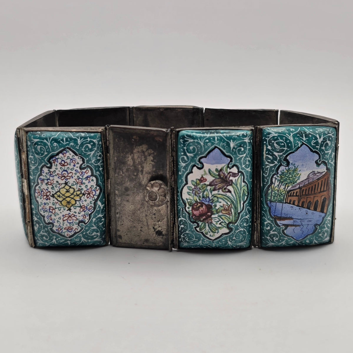 Vintage Persian 925 Sterling Silver Hand Painted Enamel Story Panel Bracelet 7.5"