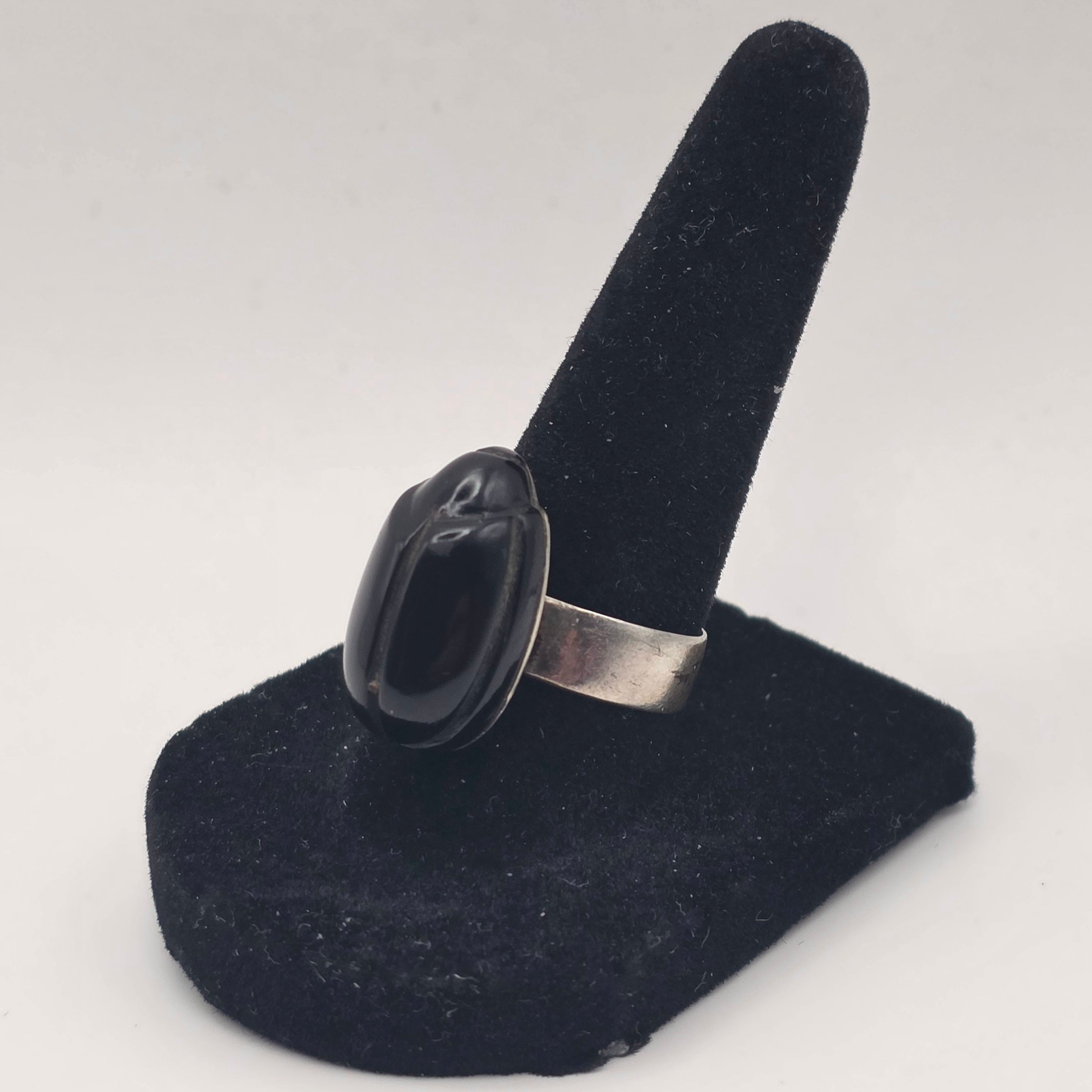 Carved Onyx Scarab Beetle Ring 925 Sterling Silver