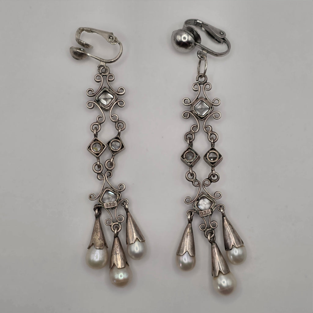 925 Sterling Silver Pearl Rhinestone Chandelier Clip-On Earrings 3" 14.12g