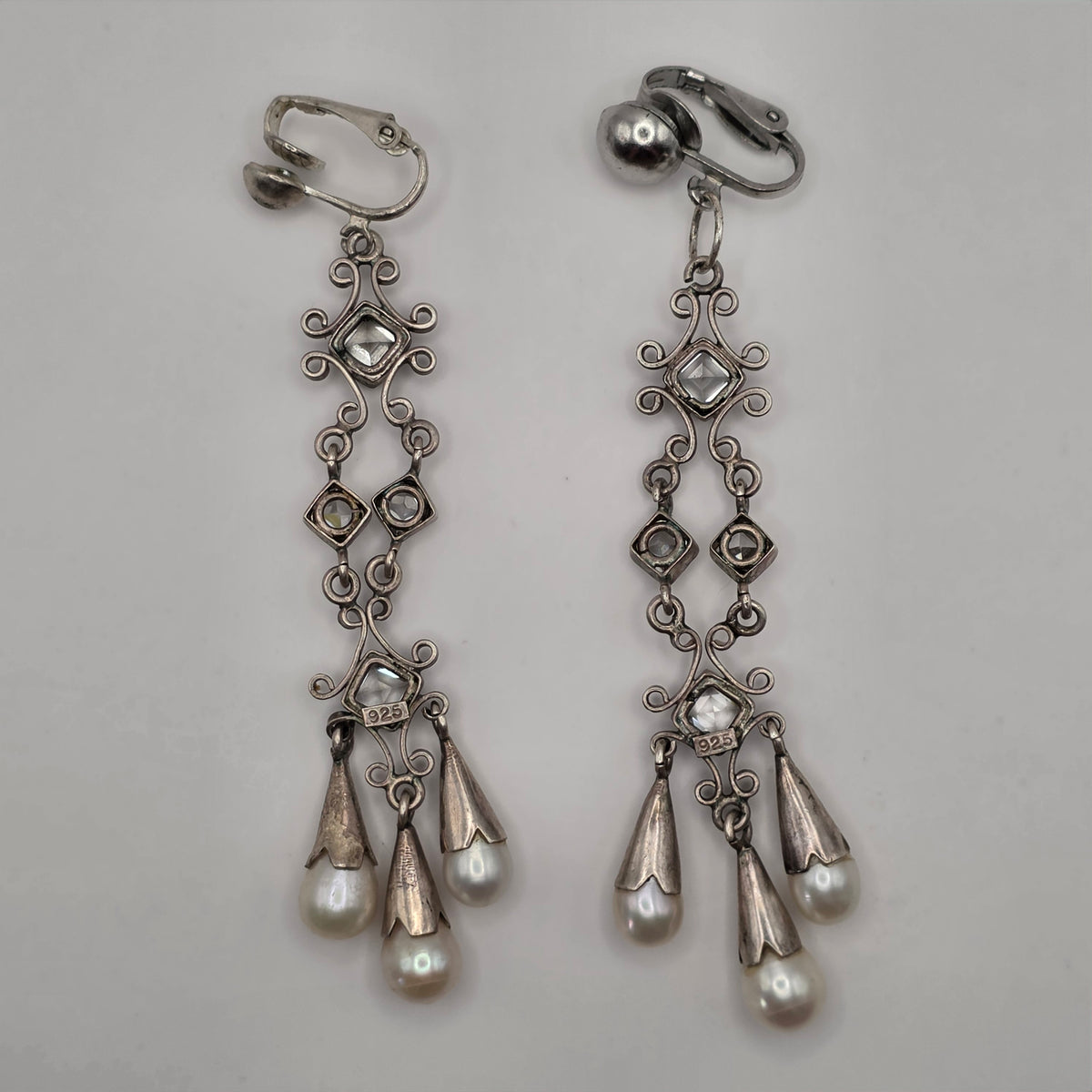 925 Sterling Silver Pearl Rhinestone Chandelier Clip-On Earrings 3" 14.12g