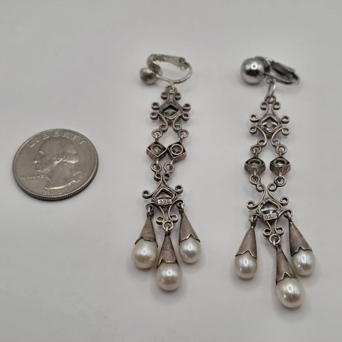925 Sterling Silver Pearl Rhinestone Chandelier Clip-On Earrings 3" 14.12g