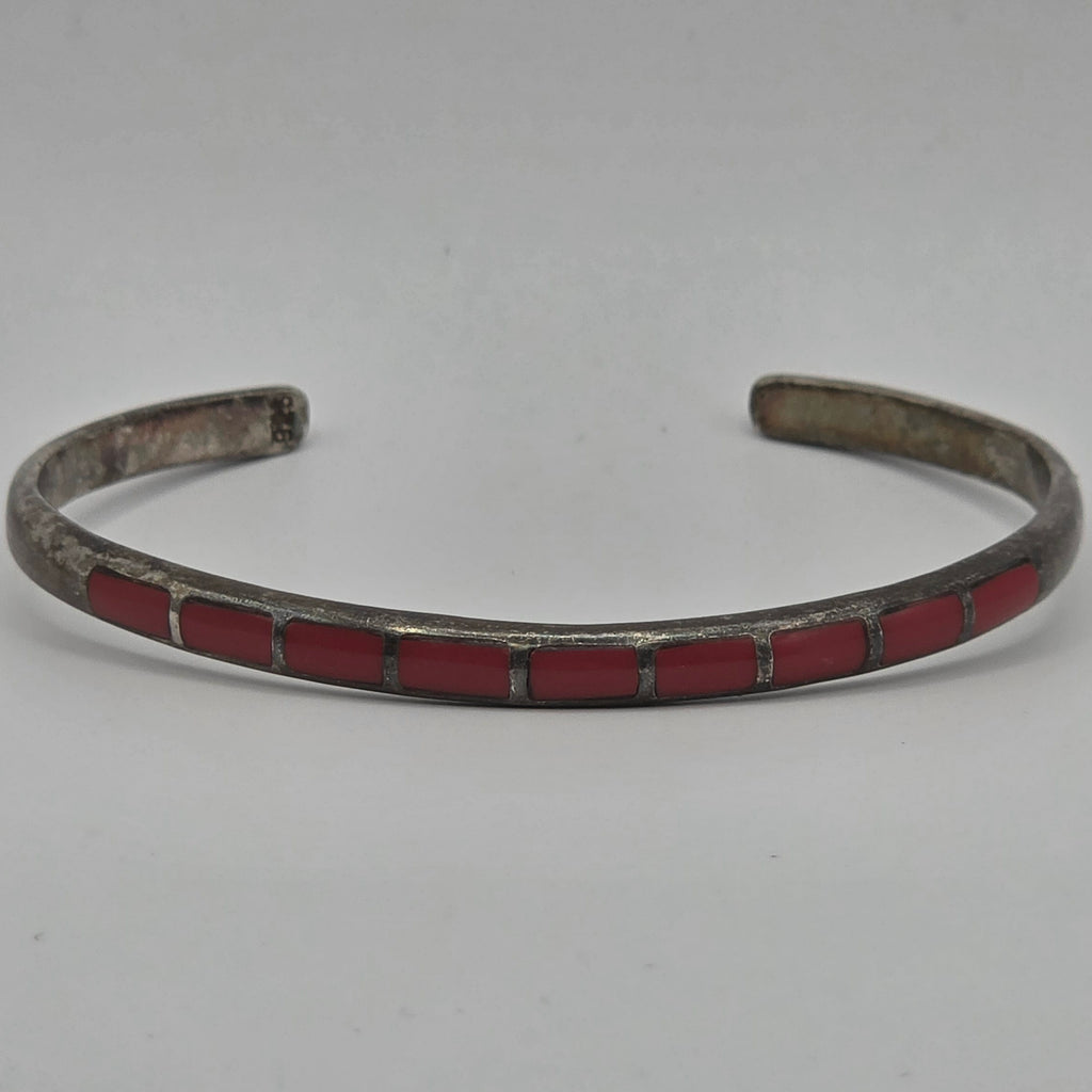 925 Sterling Silver Red Coral Inlay Cuff Bracelet 7" 12.23g Southwestern 4.5mm